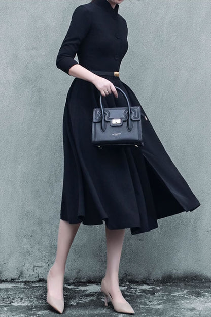 Black Polyester Fit and Flare Midi Dress - Pleated, Stand Collar 4630
