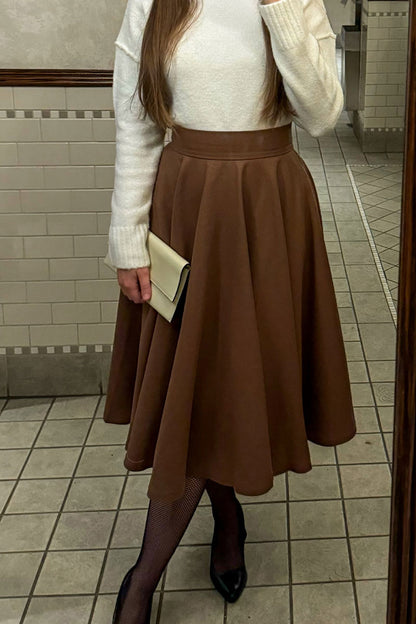 Brown Wool High Waist Flared Skirt - Pleated Circle Silhouette 4744