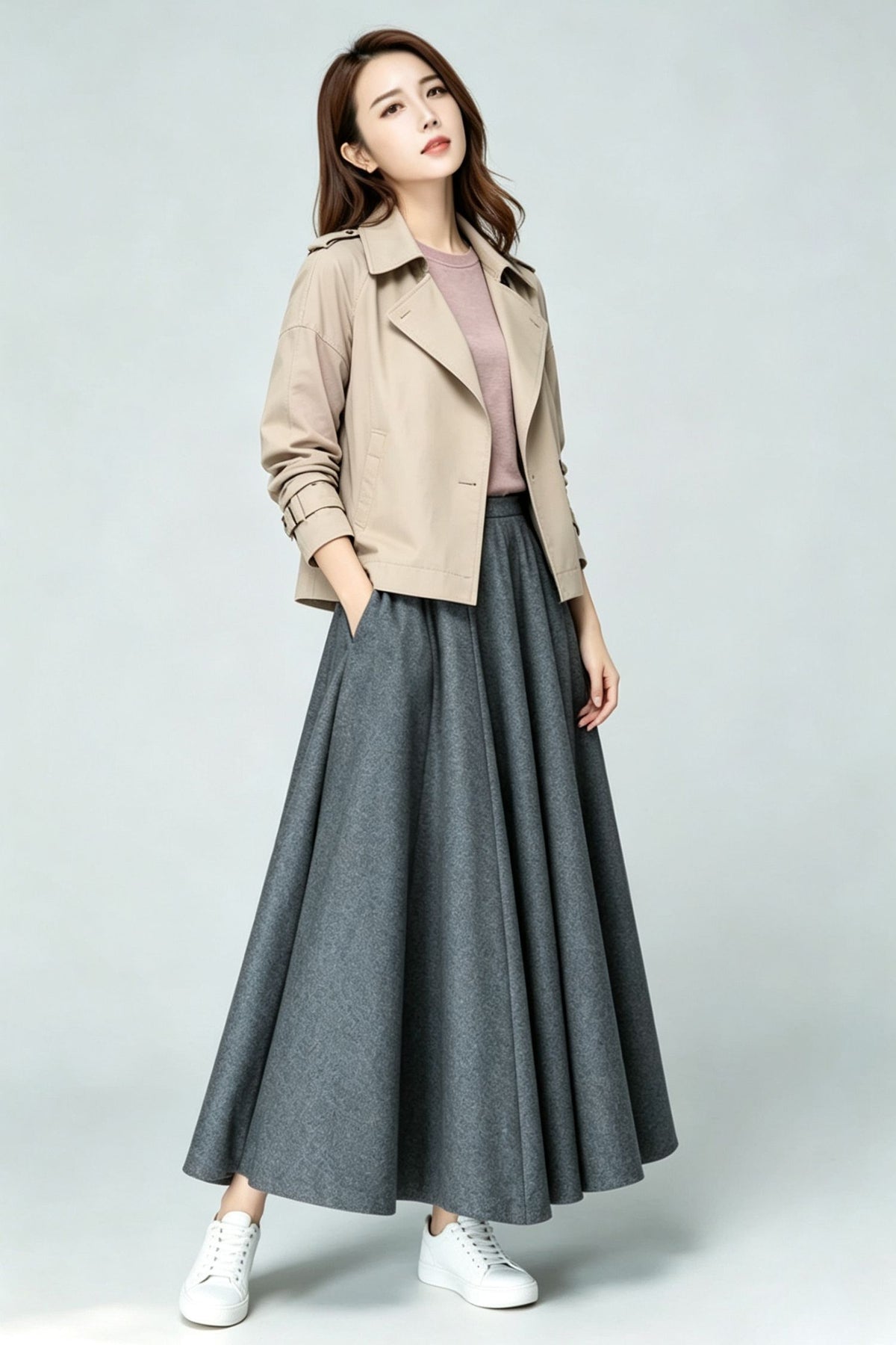 Grey Wool Blend Maxi Swing Skirt-High Waist Pleated Long Skrit 7012