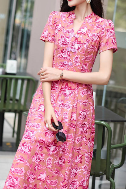 Pink Floral Chiffon Maxi Dress - V-Neck, Fitted Waist 5043