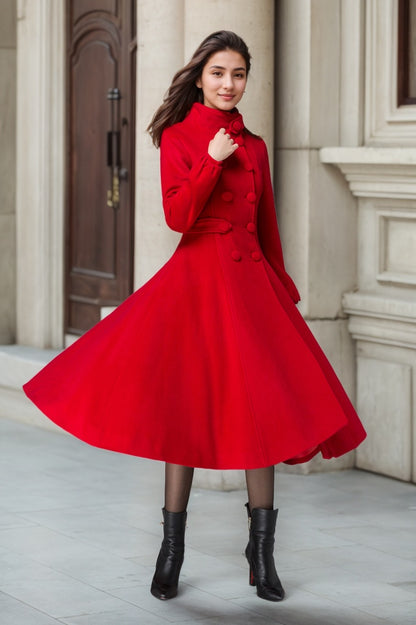 Red Fit and Flare Wool Long Winter Coat Women 1846#