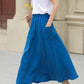 A line blue summer midi skirt with pockets 4956