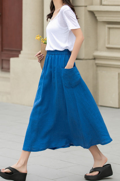 A line blue summer midi skirt with pockets 4956-Size XS #CK2400351