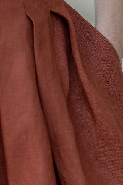 Rust Linen A-Line Midi Skirt - Pleated, Flowy Silhouette 4904