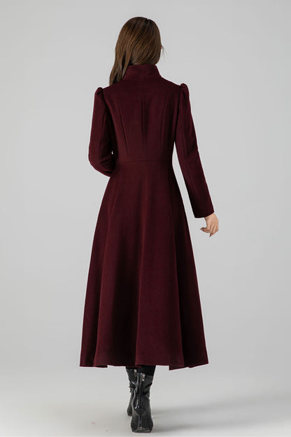 Handmade Burgundy Wool Long Coat – Elegant High Neck Fit & Flare Winter Overcoat 4511