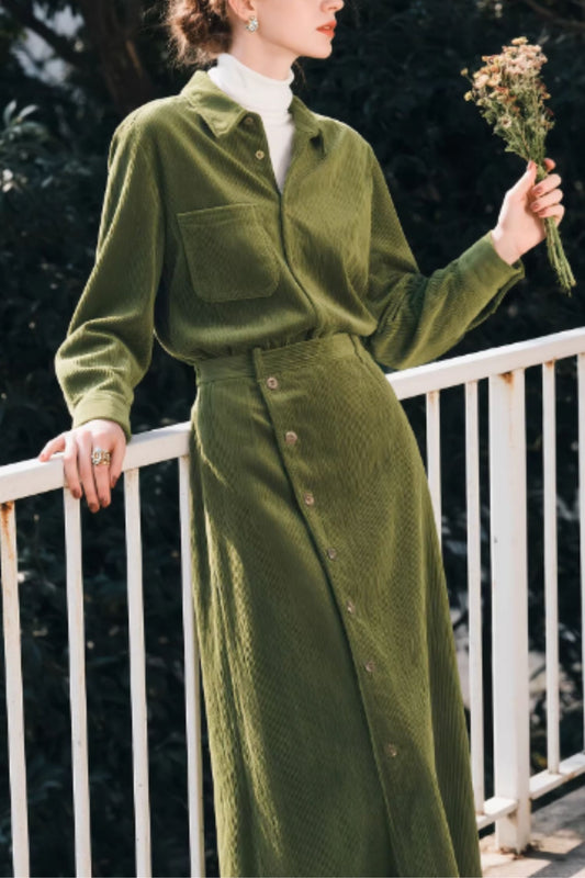 Green Corduroy Shirt and Skirt Set – Vintage Button Front Two Piece Outfit | Xiaolizi 6650