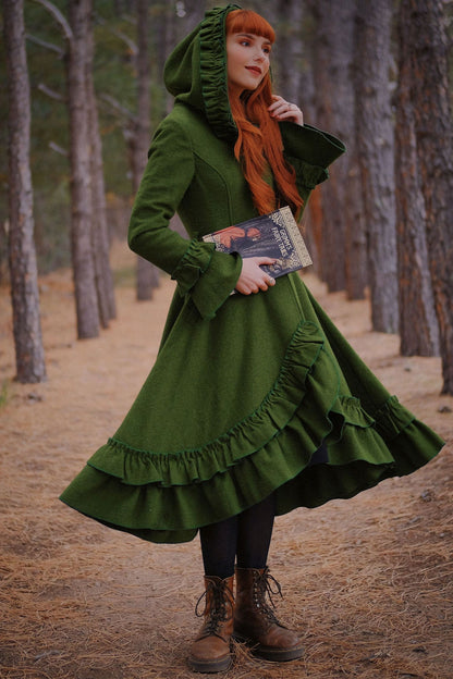 Green Wool Coat with Hood and Ruffled Trim - Long, Flowy Silhouette 3967