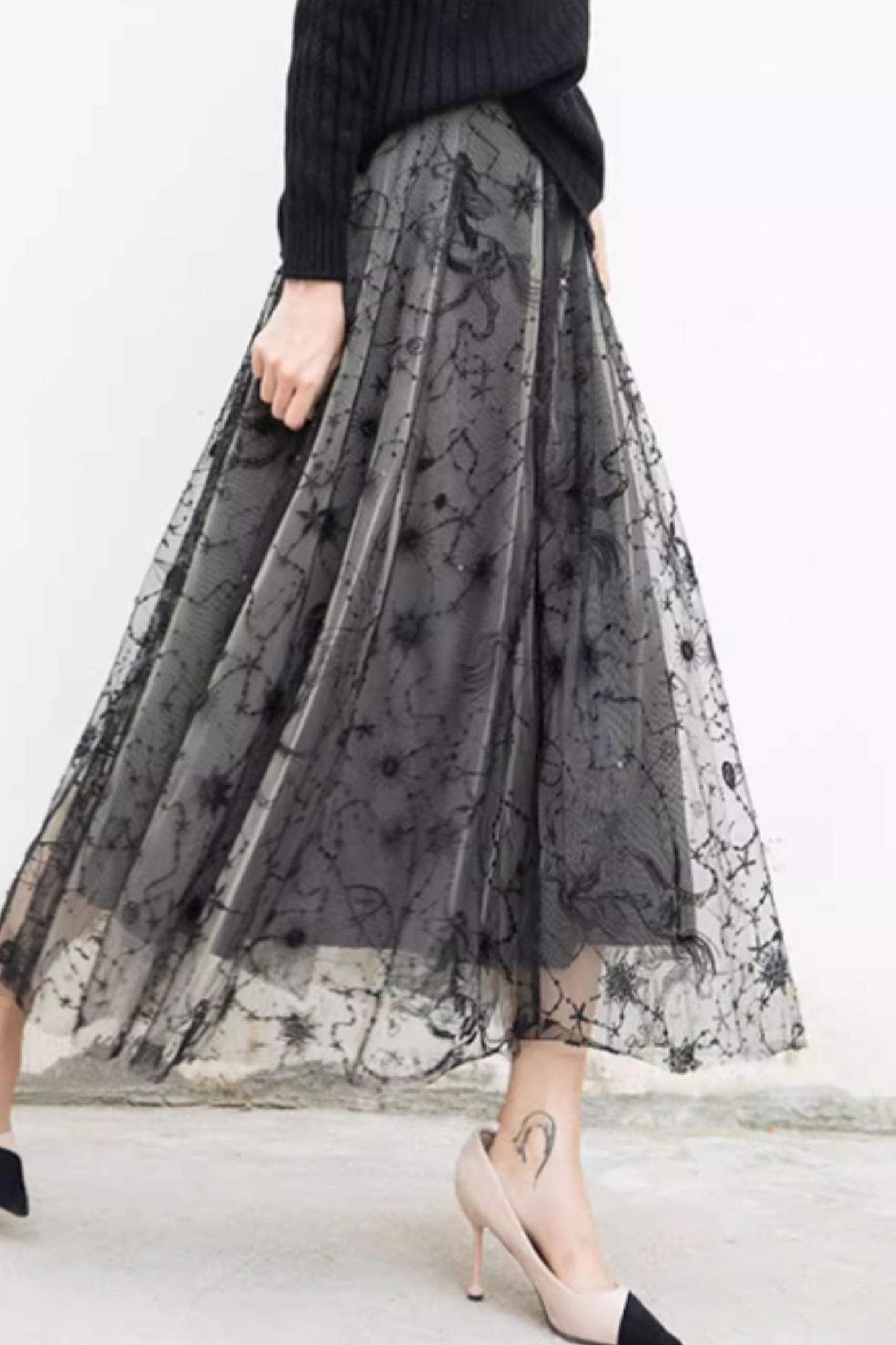 Black flower printed long lace skirt 5583