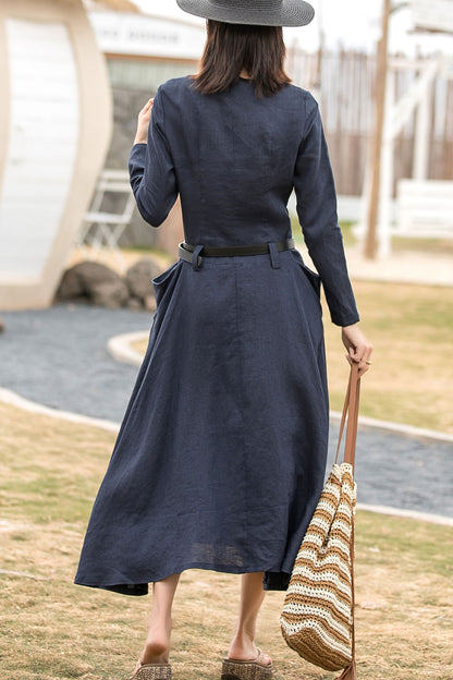 Long sleeves spring linen dress with pockets 2860