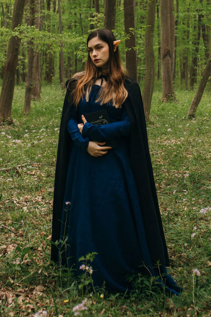 Navy Linen Maxi Dress - Fitted Waist with Square Neckline 3484