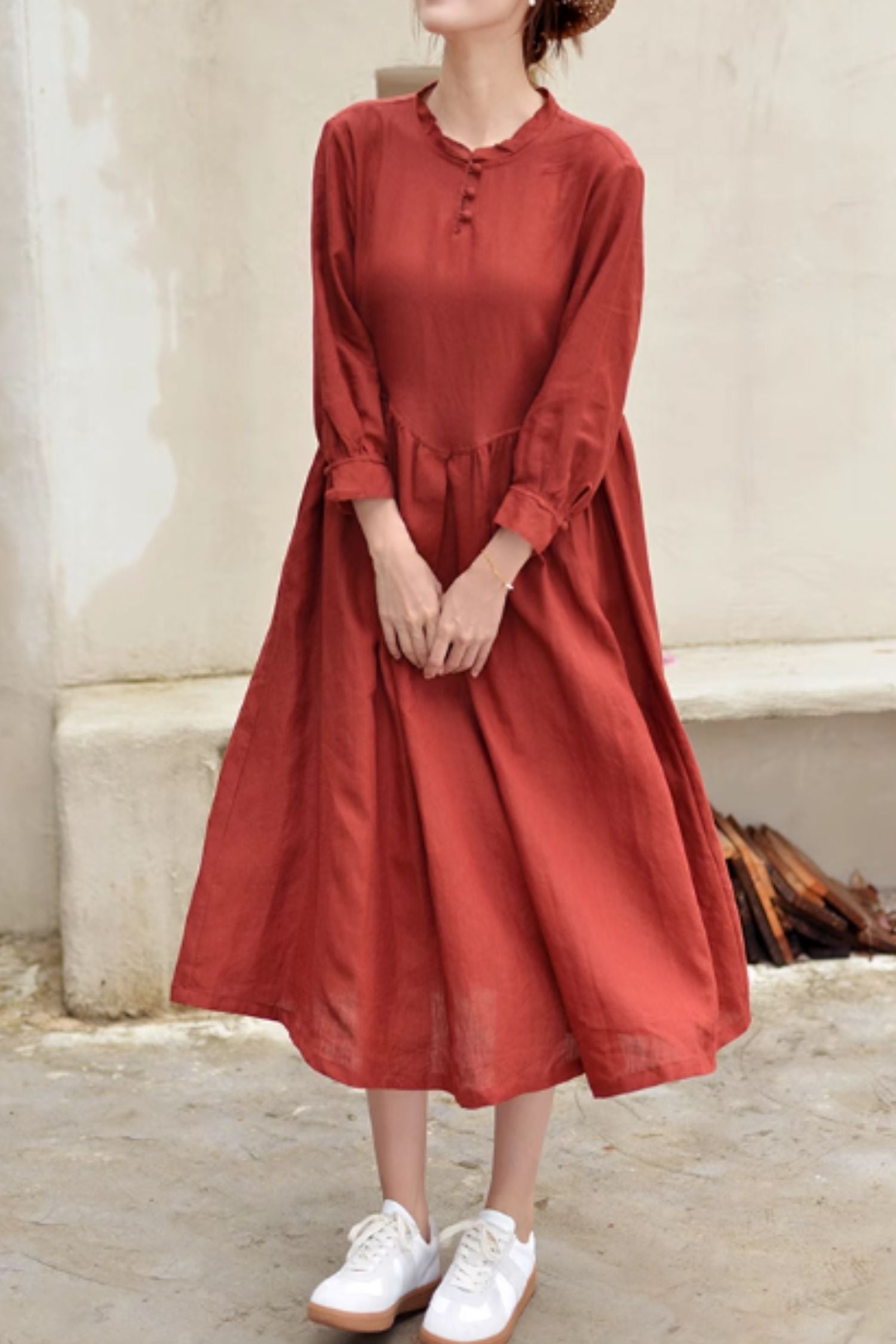 Long sleeves loose fitting linen dress 4817 - rust red / S Long sleeves loose fitting linen dress 4817 - rust red / S