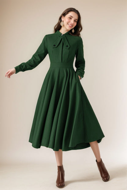 Green Wool Fit & Flare Dress - Vintage A-Line Long Sleeve | Xiaolizi 5273