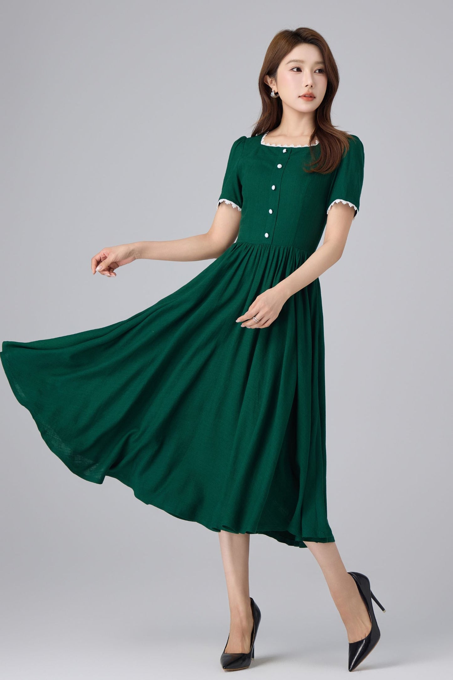 Emerald Linen Midi Dress - Square Neck Puff Sleeve | Xiaolizi 6760
