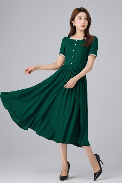 Emerald Linen Midi Dress - Square Neck Puff Sleeve | Xiaolizi 6760