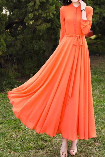 Orange Chiffon Maxi Dress - Long Sleeves, Flowy Silhouette 5076