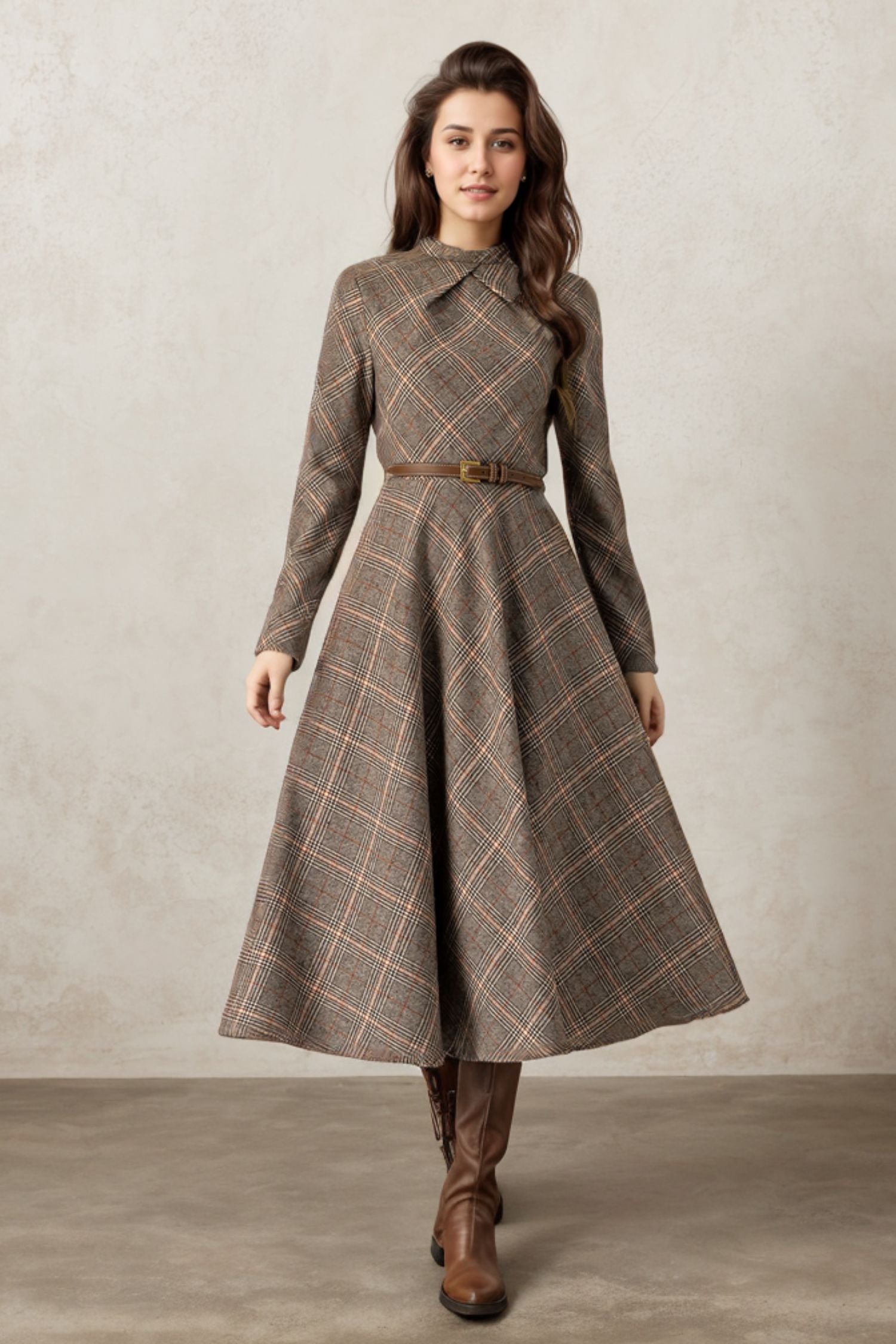 Handmade Wool Plaid Dress – Elegant Bow Tie Long Sleeve Midi Xiaolizi 5265