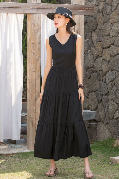 Black Linen Maxi Dress - Sleeveless Tiered Flowy Silhouette 2837