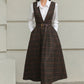 Brown Plaid Wool Midi Dress – Vintage Sleeveless Pinafore Swing Dress 6417