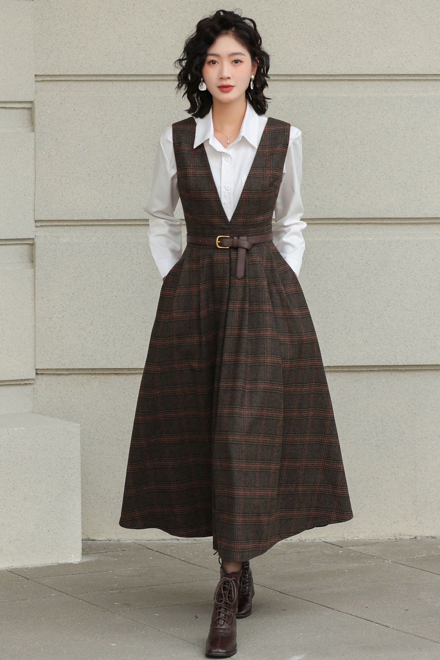Brown Plaid Wool Midi Dress – Vintage Sleeveless Pinafore Swing Dress 6417