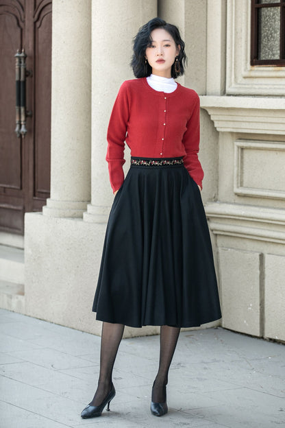 Vintage Black Wool Midi Skirt – Embroidered Waist Circle Skirt  5310