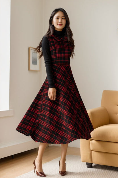 Plaid Wool Midi Dress – Sleeveless Fit and Flare Winter Dress 5478