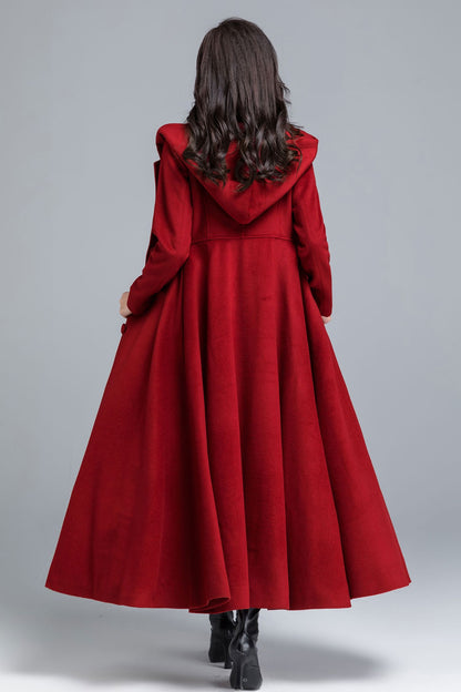 Red Wool Hooded Coat – Vintage Maxi Winter Overcoat for Women 2483