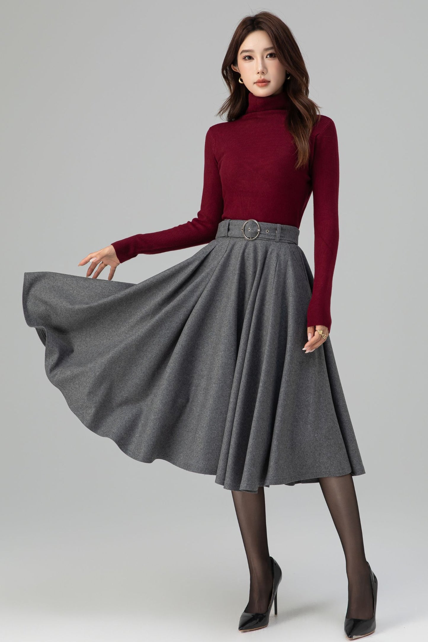 Grey Wool Midi Skirt – Handmade High Waist Vintage Pleated Skater Skirt 6398