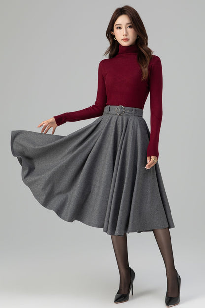 Grey Wool Midi Skirt – Handmade High Waist Vintage Pleated Skater Skirt 6398