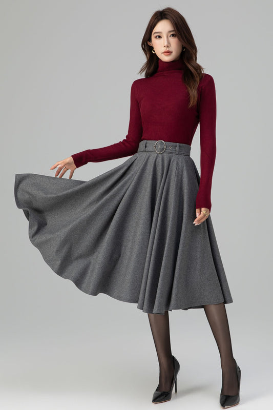 Grey Wool Midi Skirt – Handmade High Waist Vintage Pleated Skater Skirt 6398