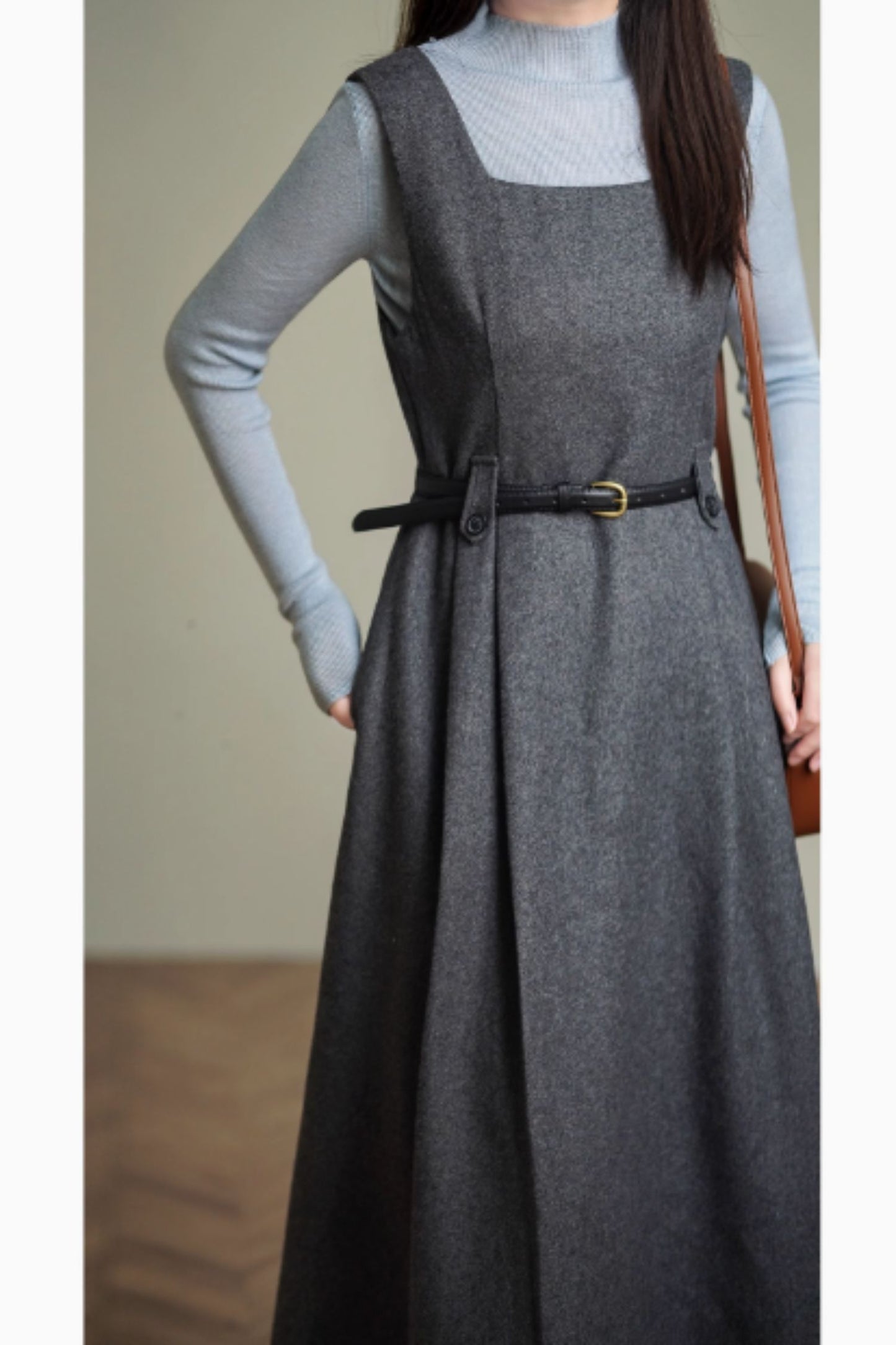 Sleeveless long gray wool dress women 5599