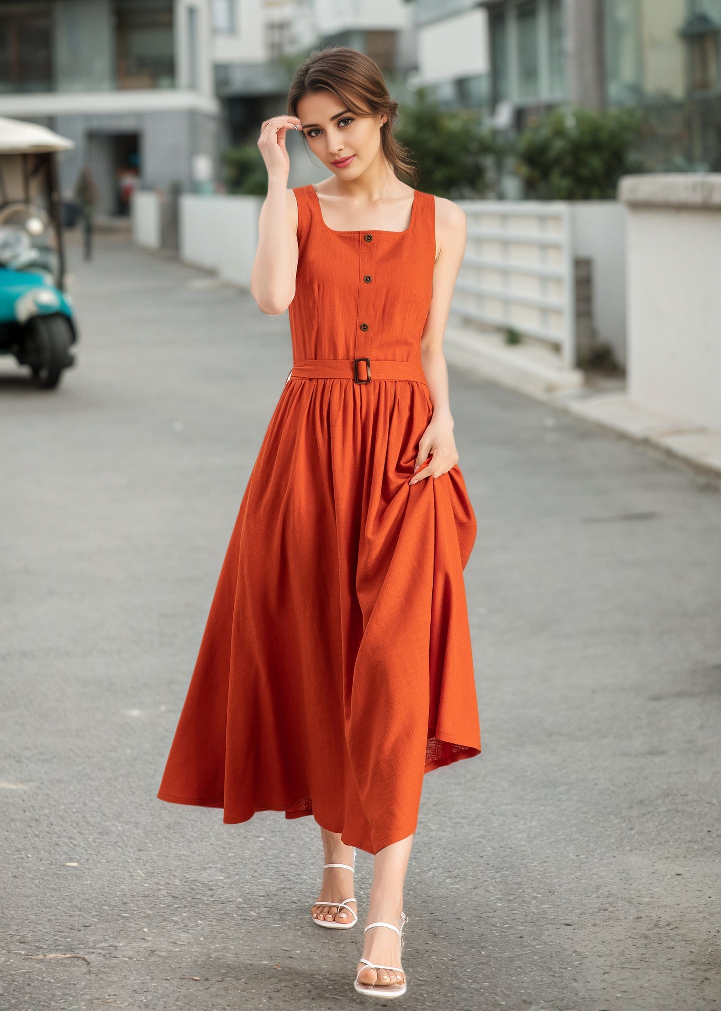 Orange Linen Blend Dress - Square Neck Midi | Xiaolizi 6724