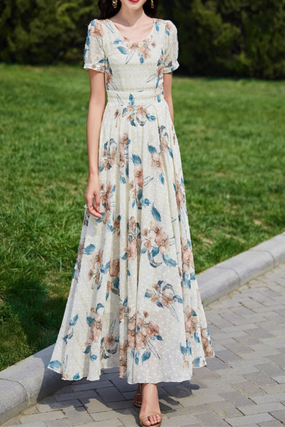 Floral Chiffon Maxi Dress - V-Neck, Fitted Waist, Short Sleeve 5032