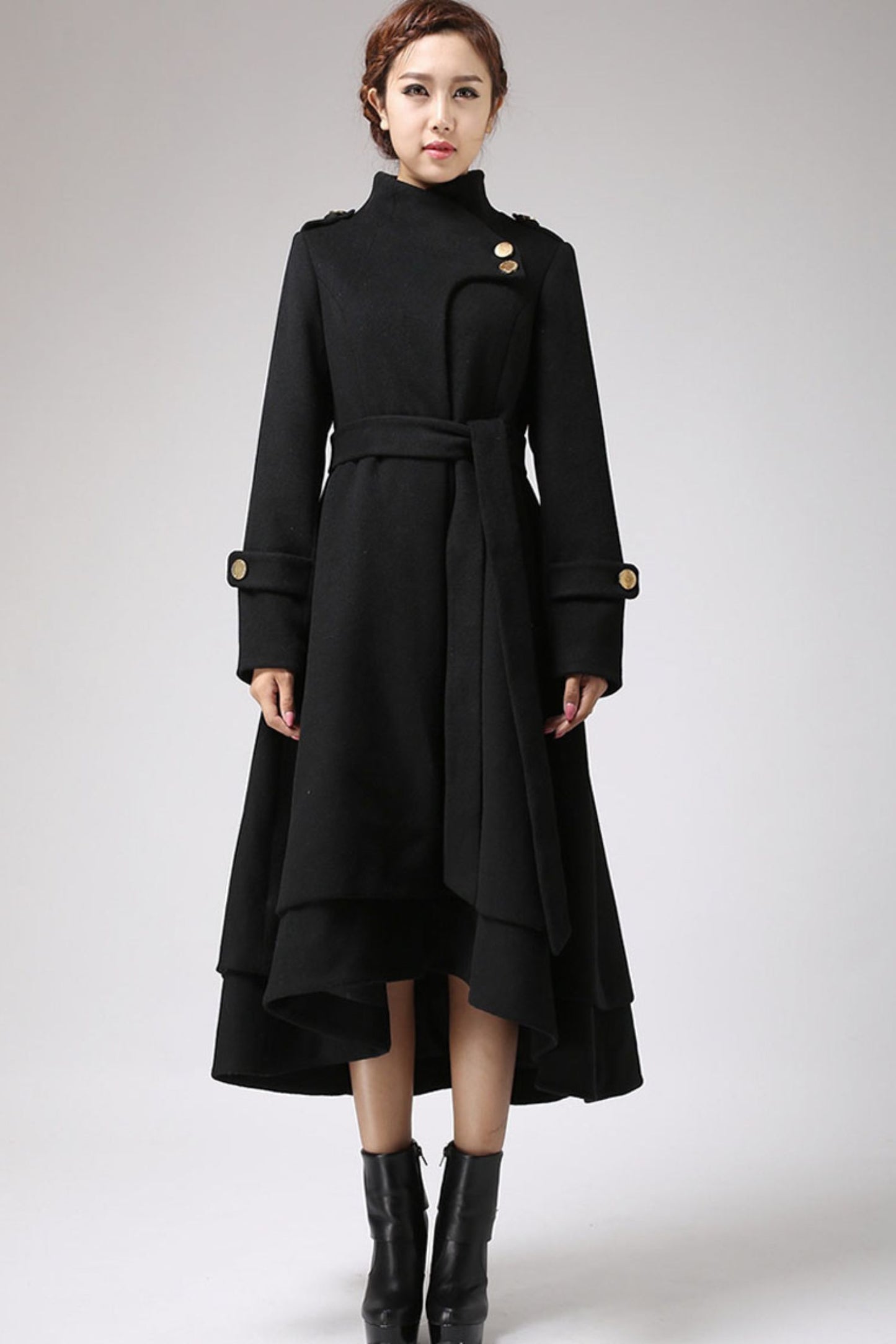 Asymmetrical Hem Black wool Coat  0703#