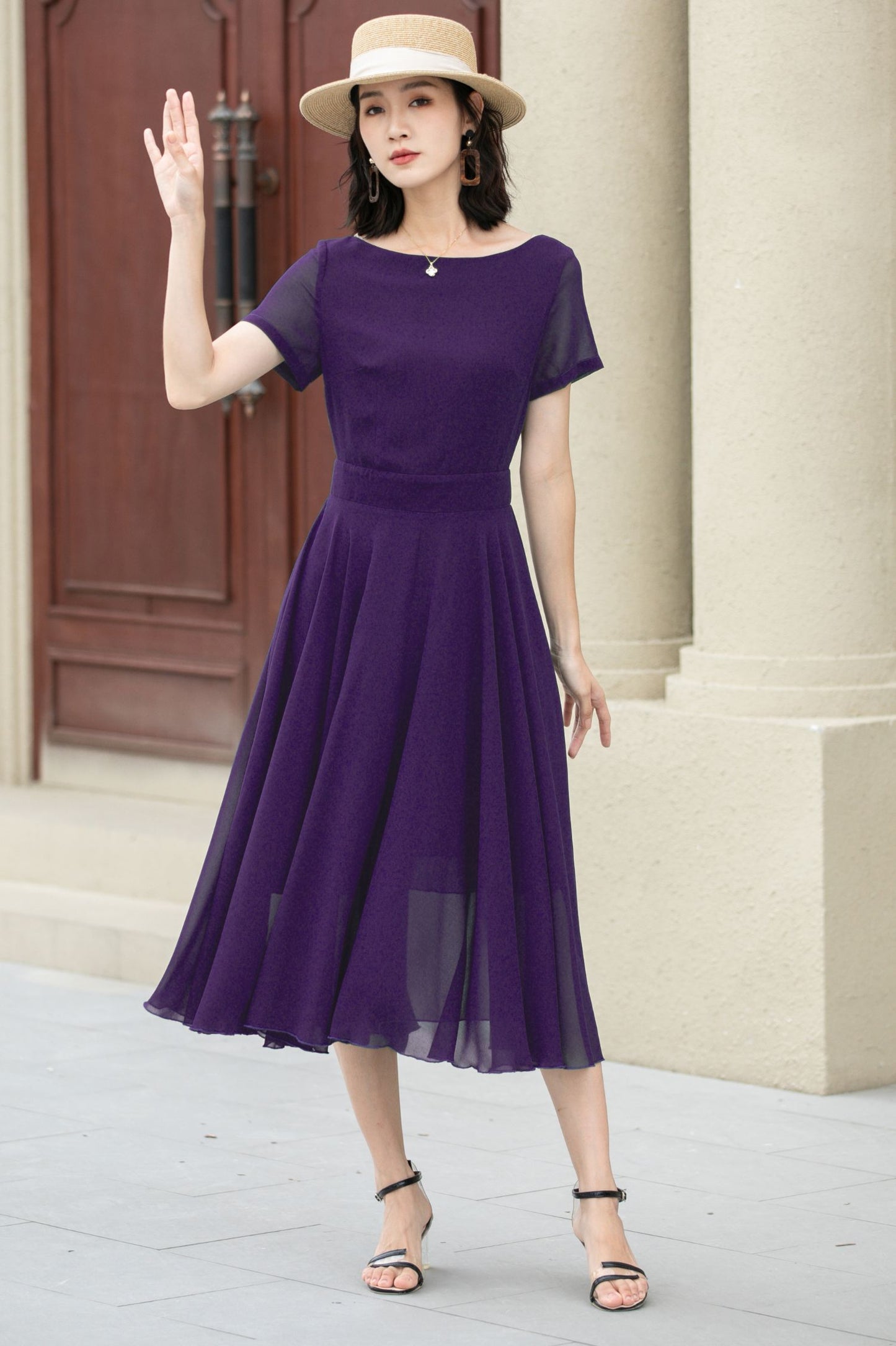 Midi fit and flare summer swing chiffon dress 6106