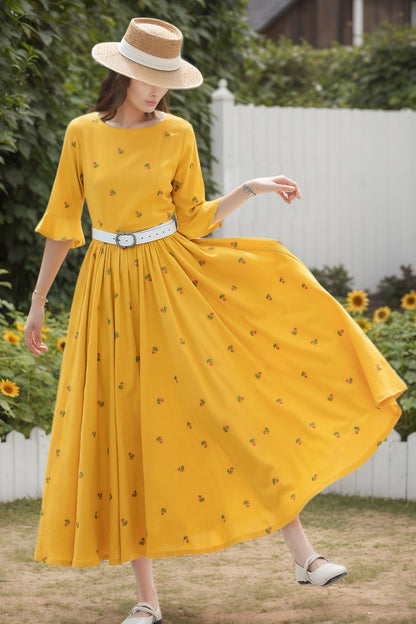 Yellow Linen Dress - Floral 3/4 Sleeve | Xiaolizi 6720
