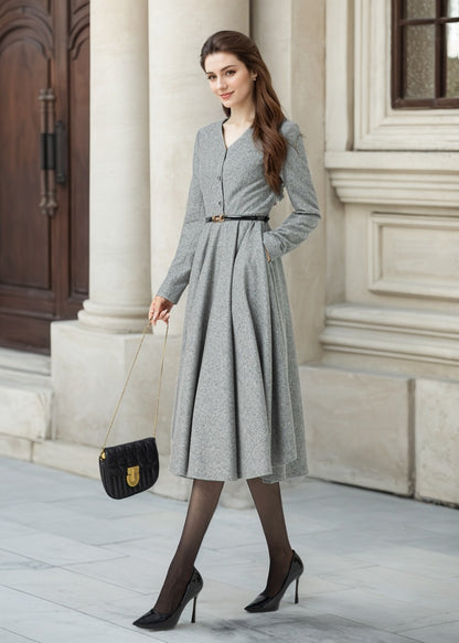 Gray Wool Midi Dress - Fit and Flare V-Neck Swing Silhouette 5304