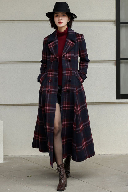 Plaid Wool Swing Coat – Vintage 1950s Double Breasted Long Overcoat 6536