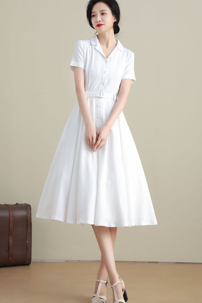 White Linen Cotton Swing Midi Dress - Notched Collar, Belted Waist 3271
