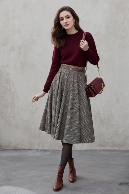 Plaid Wool Midi Skirt – Vintage High Waist Pleated Circle Skirt 5306