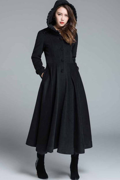 Black Wool Coat Maxi Dress - Hooded Fit and Flare Winter Overcoat 1649