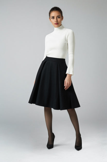 Black Wool Knee Length Skirt - Pleated A-Line Silhouette 6291
