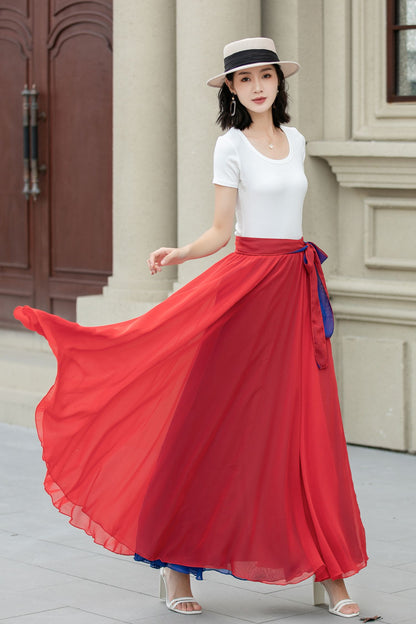 Red Chiffon Ankle-Length Skirt - Elastic Waist with Belt 5108
