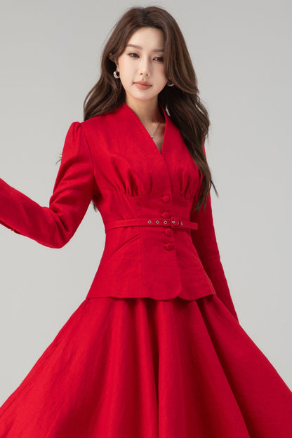 Linen Two-Piece Set - Vintage Blazer & Circle Midi Skirt | Xiaolizi 5759