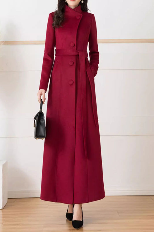 Wine Red Wool Long Trench Coat - Stand Collar, Belted Waist 5294