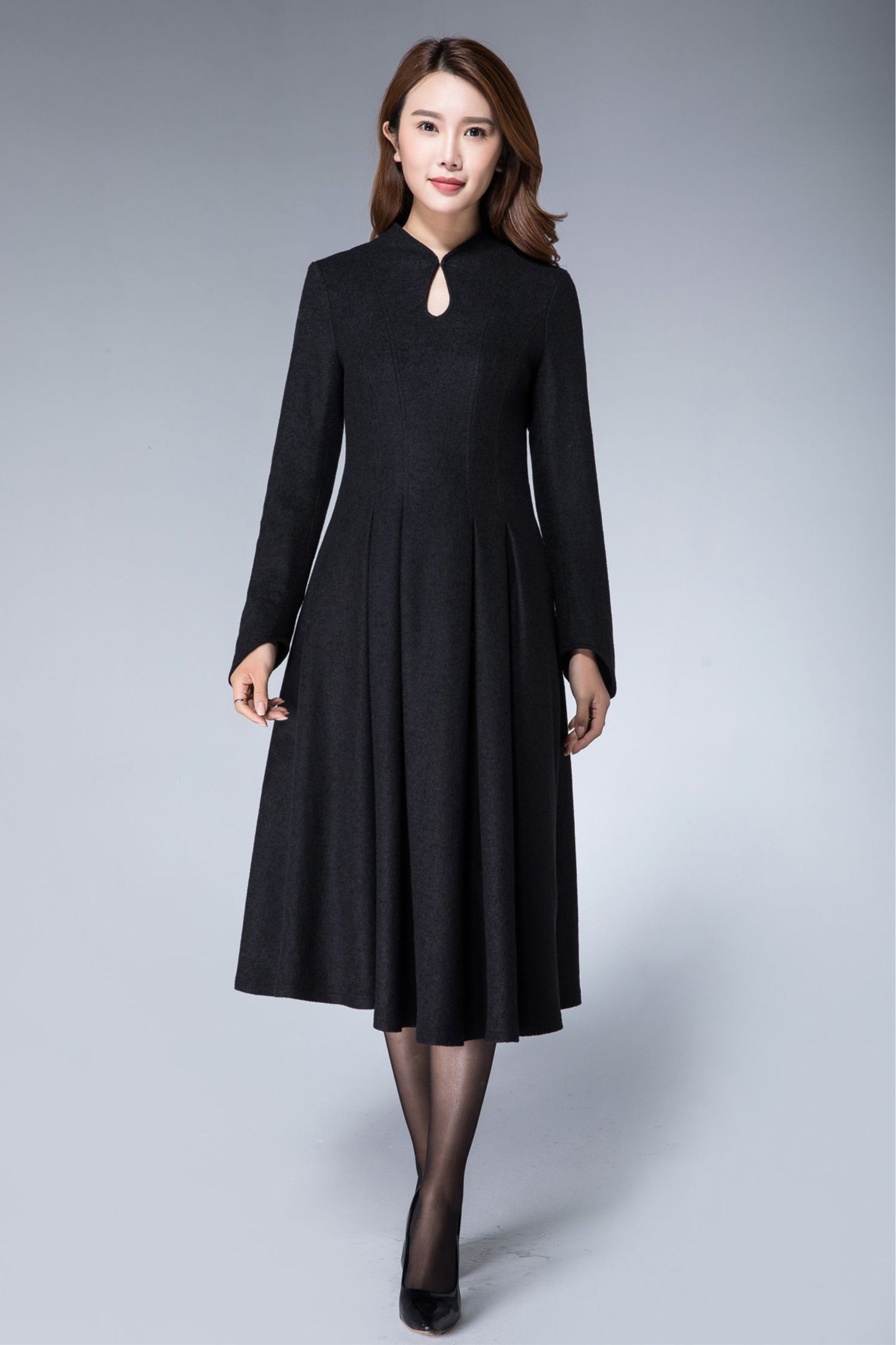 Mandarin collar black winter wool dress women 1872