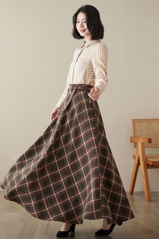 A line long wool plaid skirt women 4620