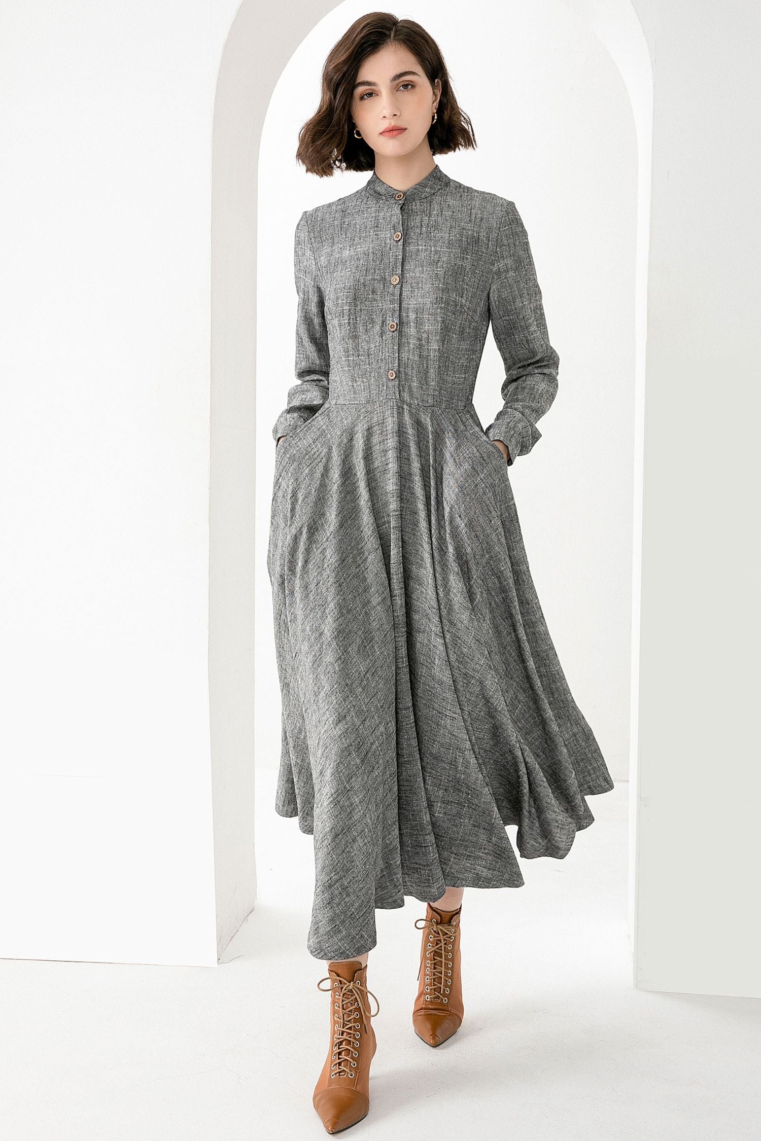 Grey Linen Cotton Maxi Dress - Button Front Relaxed Fit | Xiaolizi 3831