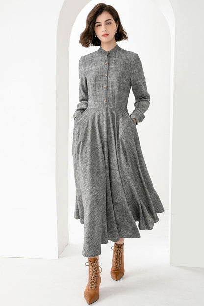 Grey Linen Cotton Maxi Dress - Button Front Relaxed Fit | Xiaolizi 3831