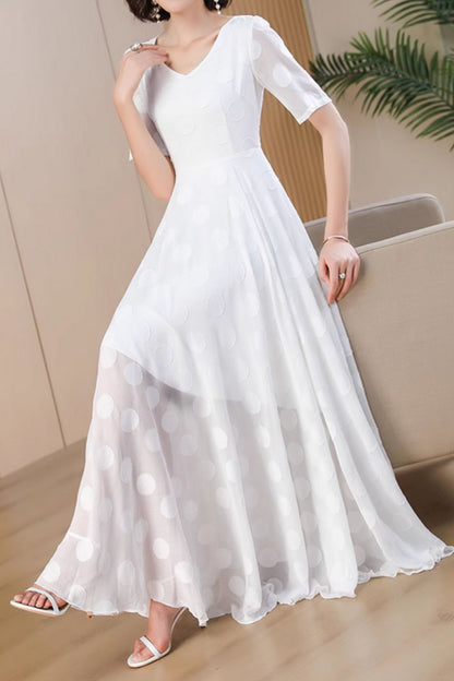 White Chiffon Maxi Dress - Flowy Polka Dot V-Neck 5052