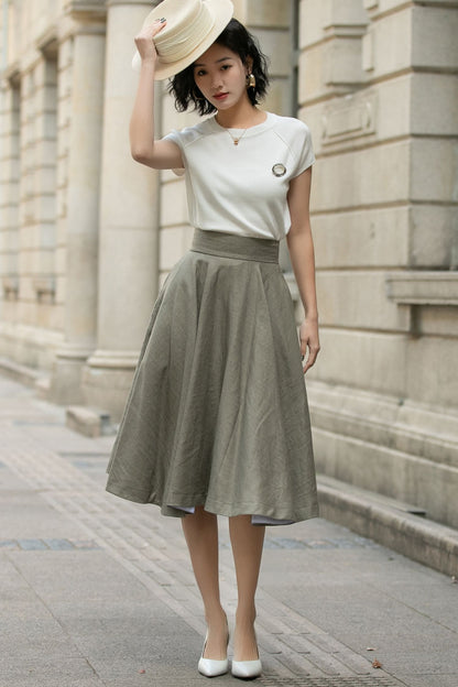 Handmade Linen Circle Skirt – High Waist Pleated Midi Skirt for Spring Summer 5680